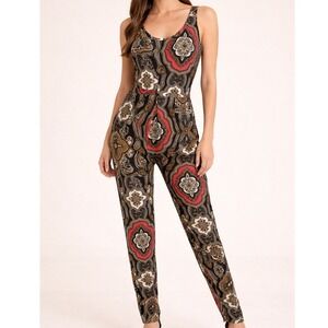 Ambiance Apparel Women's Paisley Print Jumpsuit Sleeveless V Neck Casual Size S